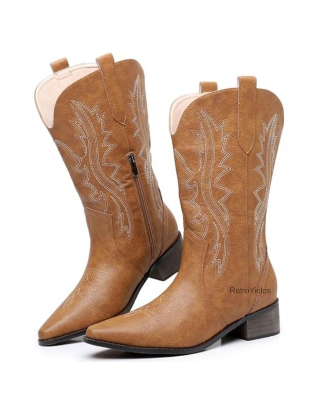 Embroidered Cowboy Boots Mid Calf Pointed Toe Chunky Heel Western Boots